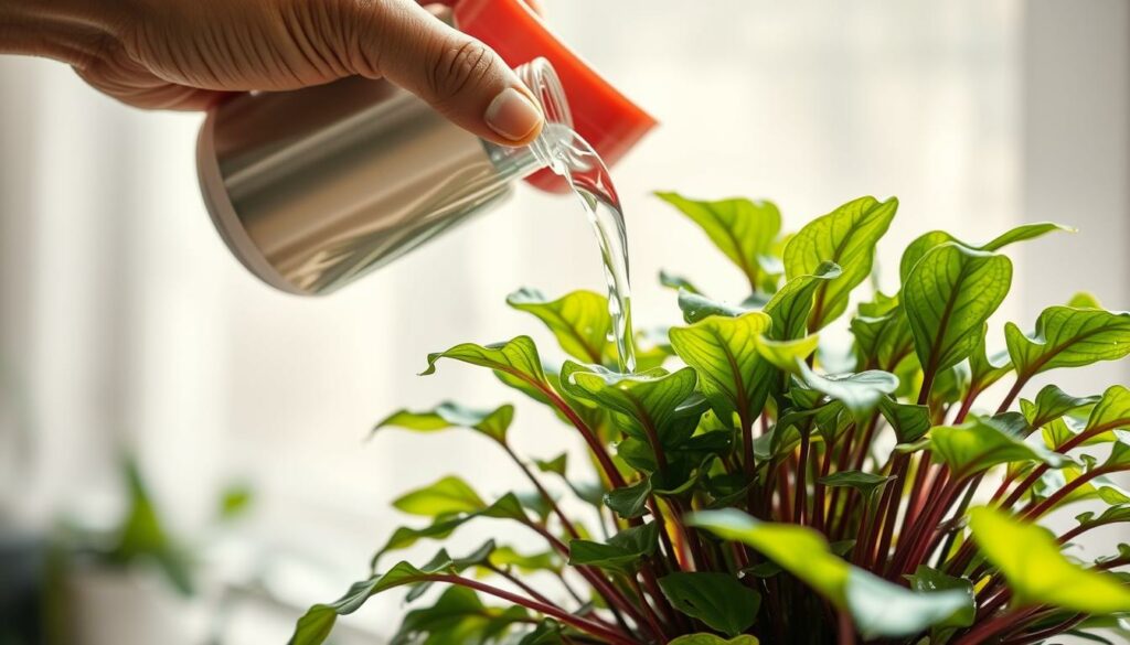 A ZZ plant's lush, vibrant leaves are gently sprinkled with droplets as a nurturing hand carefully pours water into the soil. The scene is bathed in soft, diffused light, creating a serene, meditative atmosphere. The camera angle is slightly elevated, capturing the act of watering from an intimate, almost bird's-eye view. The background is blurred, allowing the main subject to take center stage and convey the importance of proper hydration techniques for this resilient houseplant. The overall composition emphasizes the tranquility and care required to maintain a thriving ZZ plant. A ZZ plant's lush, vibrant leaves are gently sprinkled with droplets as a nurturing hand carefully pours water into the soil. The scene is bathed in soft, diffused light, creating a serene, meditative atmosphere. The camera angle is slightly elevated, capturing the act of watering from an intimate, almost bird's-eye view. The background is blurred, allowing the main subject to take center stage and convey the importance of proper hydration techniques for this resilient houseplant. The overall composition emphasizes the tranquility and care required to maintain a thriving ZZ plant.
