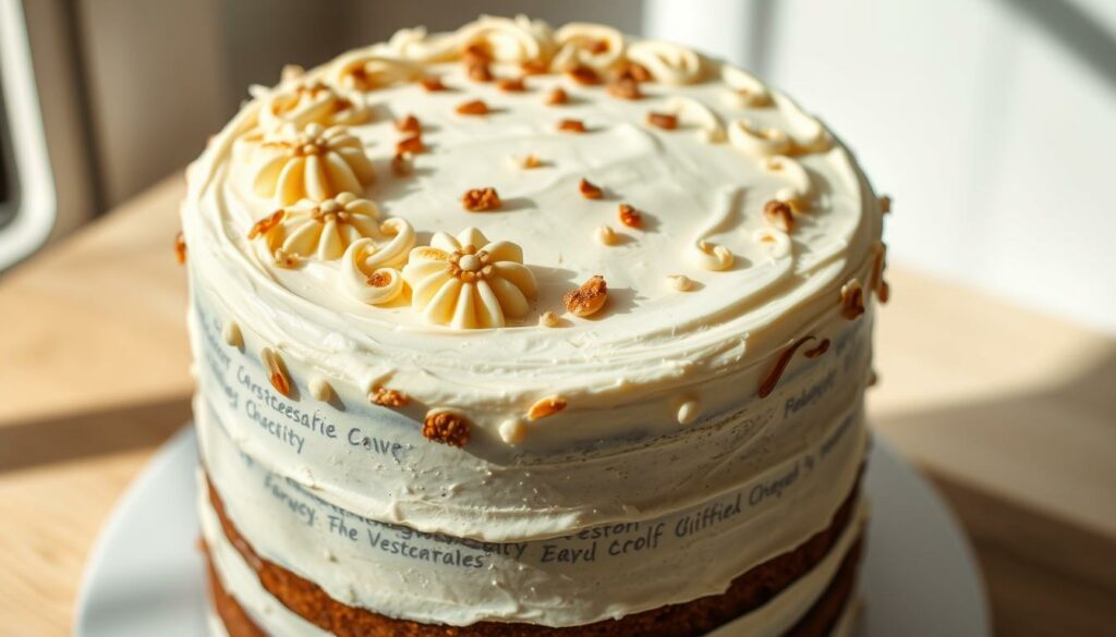 A beautifully decorated layer cake, the top coated in a smooth, creamy cream cheese frosting. Delicate piped designs of swirling buttercream flowers and leaves adorn the cake's edges, creating a visually stunning and intricate pattern. Slivers of toasted coconut flakes and chopped nuts add a rustic, natural texture to the decoration. Soft, natural lighting casts gentle shadows, accentuating the cake's elegant tiered design and the delicate details of the frosting work. The overall effect is a sophisticated, artisanal-looking dessert, perfect for showcasing a moist, flavorful carrot cake. A beautifully decorated layer cake, the top coated in a smooth, creamy cream cheese frosting. Delicate piped designs of swirling buttercream flowers and leaves adorn the cake's edges, creating a visually stunning and intricate pattern. Slivers of toasted coconut flakes and chopped nuts add a rustic, natural texture to the decoration. Soft, natural lighting casts gentle shadows, accentuating the cake's elegant tiered design and the delicate details of the frosting work. The overall effect is a sophisticated, artisanal-looking dessert, perfect for showcasing a moist, flavorful carrot cake.