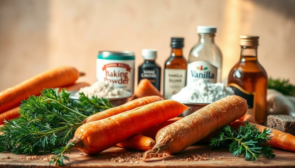 A bountiful arrangement of fresh, vibrant ingredients for a moist and flavorful carrot cake. In the foreground, plump carrots, brown sugar, and vegetable oil are carefully positioned. In the middle ground, baking powder, ground cinnamon, and vanilla extract are neatly organized. The background features a soft, textured surface, gently illuminated by warm, natural lighting, creating a cozy, inviting atmosphere. The overall composition emphasizes the essential elements required to craft the perfect carrot cake, inspiring culinary creativity and a mouthwatering anticipation. A bountiful arrangement of fresh, vibrant ingredients for a moist and flavorful carrot cake. In the foreground, plump carrots, brown sugar, and vegetable oil are carefully positioned. In the middle ground, baking powder, ground cinnamon, and vanilla extract are neatly organized. The background features a soft, textured surface, gently illuminated by warm, natural lighting, creating a cozy, inviting atmosphere. The overall composition emphasizes the essential elements required to craft the perfect carrot cake, inspiring culinary creativity and a mouthwatering anticipation.