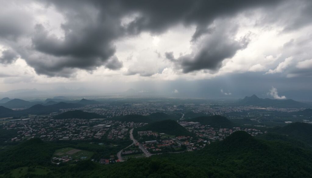 A breathtaking aerial view over the lush, verdant landscapes of Vietnam during the monsoon season. In the foreground, dark storm clouds loom ominously, casting dramatic shadows over the terrain below. The middle ground is dotted with vibrant, bustling cities, their streets slick with heavy rainfall. In the distance, towering mountains are shrouded in a veil of mist, their peaks barely visible. The atmosphere is charged with a palpable sense of foreboding, warning travelers to avoid this tumultuous time. Dramatic lighting and a wide, cinematic lens capture the moody, atmospheric scene, conveying the challenges and risks of visiting Vietnam during its wettest and most volatile months. A breathtaking aerial view over the lush, verdant landscapes of Vietnam during the monsoon season. In the foreground, dark storm clouds loom ominously, casting dramatic shadows over the terrain below. The middle ground is dotted with vibrant, bustling cities, their streets slick with heavy rainfall. In the distance, towering mountains are shrouded in a veil of mist, their peaks barely visible. The atmosphere is charged with a palpable sense of foreboding, warning travelers to avoid this tumultuous time. Dramatic lighting and a wide, cinematic lens capture the moody, atmospheric scene, conveying the challenges and risks of visiting Vietnam during its wettest and most volatile months.