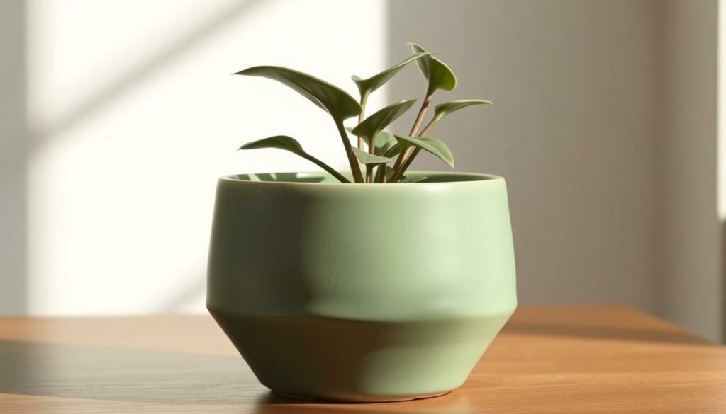A ceramic pot with a matte green glaze, suitable for a ZZ plant. The pot has a simple, modern design with a slightly tapered silhouette and a subtle textured surface. The pot is placed on a wooden surface, with natural lighting from a window casting soft shadows on the background. The overall composition emphasizes the pot's proportions and the harmony between the plant and its container, creating a serene and minimal atmosphere suitable for the section on "Soil and Potting Requirements" in the article. A ceramic pot with a matte green glaze, suitable for a ZZ plant. The pot has a simple, modern design with a slightly tapered silhouette and a subtle textured surface. The pot is placed on a wooden surface, with natural lighting from a window casting soft shadows on the background. The overall composition emphasizes the pot's proportions and the harmony between the plant and its container, creating a serene and minimal atmosphere suitable for the section on "Soil and Potting Requirements" in the article.