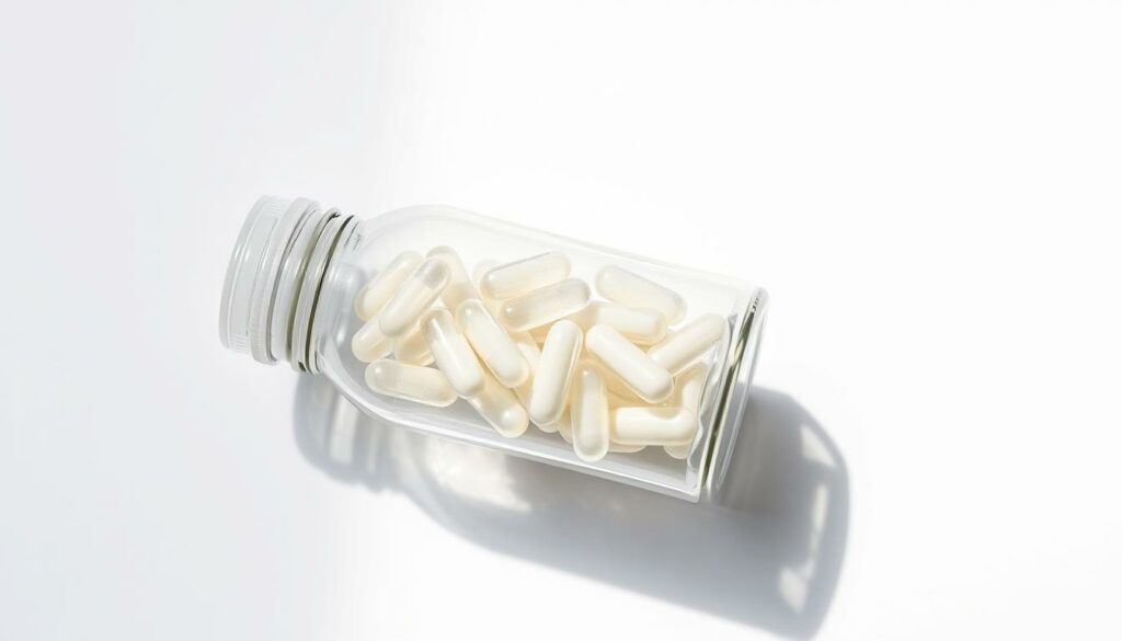A clear glass bottle filled with magnesium glycinate supplements, resting on a plain white background. The bottle is illuminated from the side, creating soft shadows that highlight the translucent capsules inside. The lighting is soft and natural, creating a clean, simple, and informative composition. The focus is on the bottle, with minimal distractions in the background, allowing the viewer to clearly see the product and its contents. A clear glass bottle filled with magnesium glycinate supplements, resting on a plain white background. The bottle is illuminated from the side, creating soft shadows that highlight the translucent capsules inside. The lighting is soft and natural, creating a clean, simple, and informative composition. The focus is on the bottle, with minimal distractions in the background, allowing the viewer to clearly see the product and its contents.