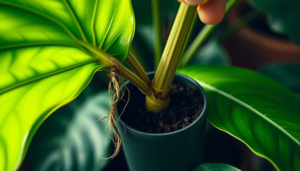 A close-up, high-resolution photograph of a monstera deliciosa plant with vibrant green leaves, showcasing a detailed propagation process. The image should display a medium-sized monstera leaf with a visible node, aerial roots, and a cutting being inserted into a small pot filled with rich, dark soil. The lighting should be soft and natural, evoking a serene, greenhouse-like atmosphere. The focus should be sharp, with a shallow depth of field to emphasize the propagation details. The composition should be well-balanced, highlighting the various stages of the propagation method. The overall mood should be educational, informative, and visually appealing to complement the "Propagation Methods for Monstera Deliciosa" section of the article. A close-up, high-resolution photograph of a monstera deliciosa plant with vibrant green leaves, showcasing a detailed propagation process. The image should display a medium-sized monstera leaf with a visible node, aerial roots, and a cutting being inserted into a small pot filled with rich, dark soil. The lighting should be soft and natural, evoking a serene, greenhouse-like atmosphere. The focus should be sharp, with a shallow depth of field to emphasize the propagation details. The composition should be well-balanced, highlighting the various stages of the propagation method. The overall mood should be educational, informative, and visually appealing to complement the "Propagation Methods for Monstera Deliciosa" section of the article.