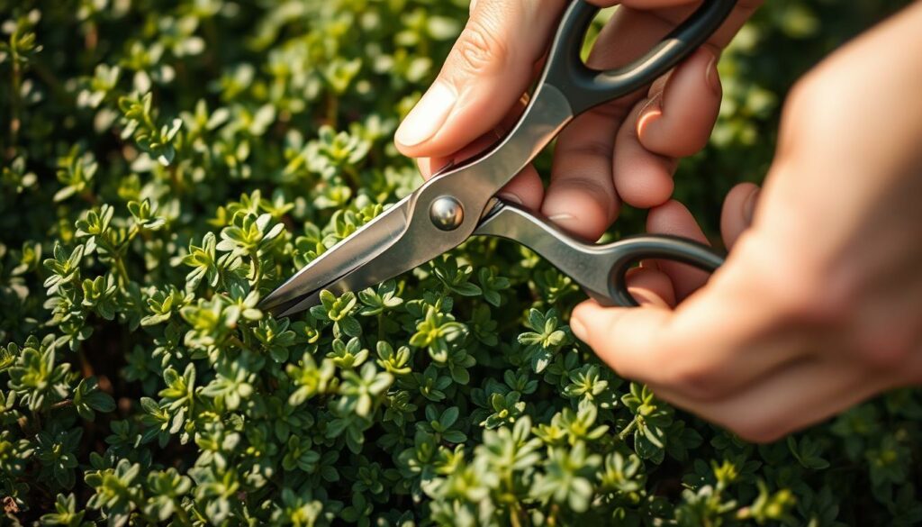 A close-up photograph of a hand gently pruning a lush, green creeping thyme plant. The shears glide smoothly through the fragrant foliage, trimming away any overgrown or damaged stems. Soft, diffused natural lighting creates a warm, earthy atmosphere, highlighting the delicate texture of the plant's leaves. The frame is tightly composed, drawing the viewer's attention to the careful, deliberate actions of the pruning process. The background is blurred, keeping the focus on the intricate details of the task at hand. This image perfectly captures the essence of maintaining a healthy, thriving creeping thyme groundcover. A close-up photograph of a hand gently pruning a lush, green creeping thyme plant. The shears glide smoothly through the fragrant foliage, trimming away any overgrown or damaged stems. Soft, diffused natural lighting creates a warm, earthy atmosphere, highlighting the delicate texture of the plant's leaves. The frame is tightly composed, drawing the viewer's attention to the careful, deliberate actions of the pruning process. The background is blurred, keeping the focus on the intricate details of the task at hand. This image perfectly captures the essence of maintaining a healthy, thriving creeping thyme groundcover.