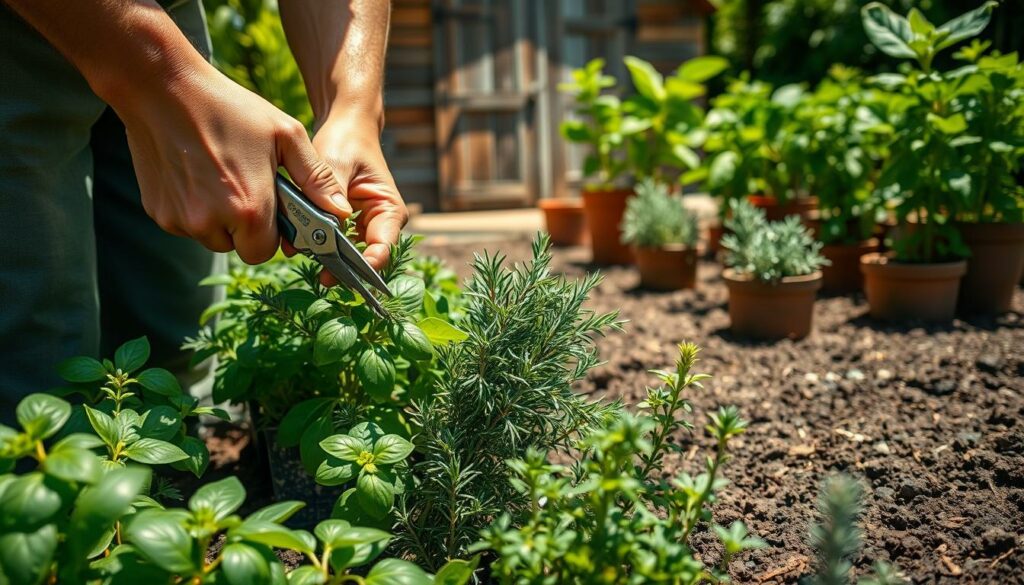 A close-up shot of a gardener's hands carefully harvesting fragrant herbs from a lush, sun-dappled garden bed. The foreground shows vibrant sprigs of fresh basil, rosemary, and thyme being delicately snipped with precision garden shears. The middle ground reveals the orderly arrangement of potted plants, their verdant leaves casting dappled shadows on the fertile soil. In the background, a weathered wooden shed stands, its rustic charm adding to the serene, pastoral atmosphere. The overall scene conveys a sense of tranquility, expertise, and the joy of procuring nature's bountiful gifts at the perfect moment. A close-up shot of a gardener's hands carefully harvesting fragrant herbs from a lush, sun-dappled garden bed. The foreground shows vibrant sprigs of fresh basil, rosemary, and thyme being delicately snipped with precision garden shears. The middle ground reveals the orderly arrangement of potted plants, their verdant leaves casting dappled shadows on the fertile soil. In the background, a weathered wooden shed stands, its rustic charm adding to the serene, pastoral atmosphere. The overall scene conveys a sense of tranquility, expertise, and the joy of procuring nature's bountiful gifts at the perfect moment.