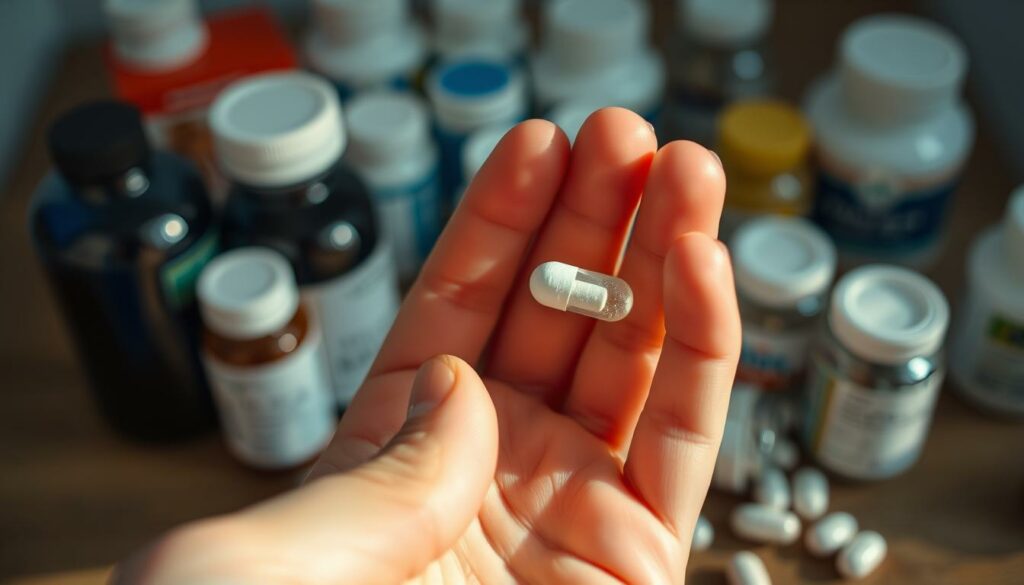 A close-up view of a hand holding a white magnesium supplement capsule against a blurred background of various medical pills and bottles. The capsule is partially translucent, revealing the magnesium powder inside. The lighting is soft and natural, creating a warm, clinical atmosphere. The angle is slightly tilted, emphasizing the thoughtful consideration of the supplement. The focus is sharp on the capsule, drawing the viewer's attention to its potential side effects, while the out-of-focus background suggests the broader context of healthcare and precautions. A close-up view of a hand holding a white magnesium supplement capsule against a blurred background of various medical pills and bottles. The capsule is partially translucent, revealing the magnesium powder inside. The lighting is soft and natural, creating a warm, clinical atmosphere. The angle is slightly tilted, emphasizing the thoughtful consideration of the supplement. The focus is sharp on the capsule, drawing the viewer's attention to its potential side effects, while the out-of-focus background suggests the broader context of healthcare and precautions.
