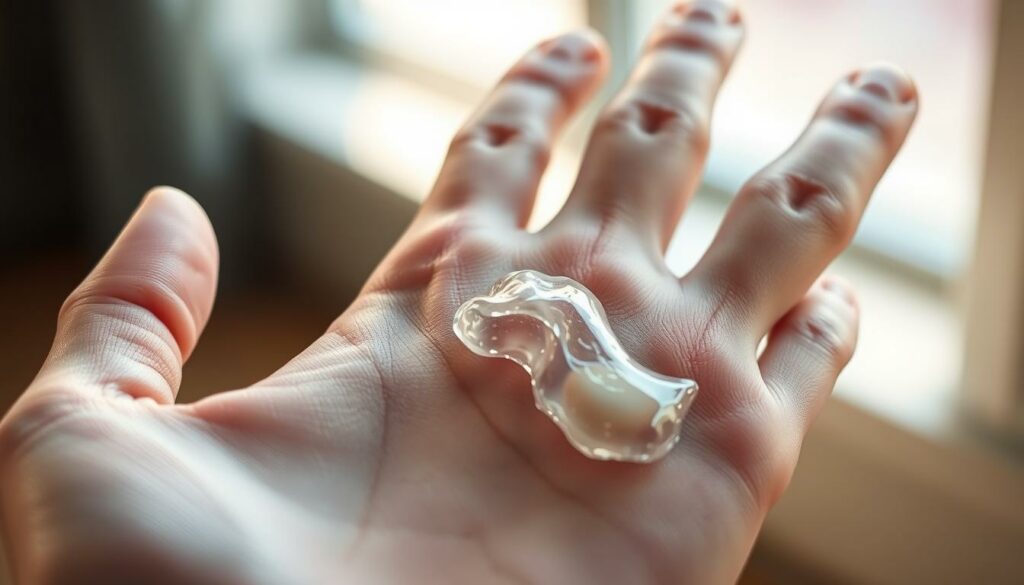 A close-up view of a human hand, fingers outstretched, with a detailed illustration of the healing process of a skin wound. The wound is partially covered in a transparent, gelatinous substance representing hyaluronic acid, which appears to be accelerating the regeneration of tissue. The background is blurred, placing the focus on the hand and the wound, illuminated by soft, natural lighting from the side. The image conveys a sense of scientific curiosity and the restorative power of this essential compound. A close-up view of a human hand, fingers outstretched, with a detailed illustration of the healing process of a skin wound. The wound is partially covered in a transparent, gelatinous substance representing hyaluronic acid, which appears to be accelerating the regeneration of tissue. The background is blurred, placing the focus on the hand and the wound, illuminated by soft, natural lighting from the side. The image conveys a sense of scientific curiosity and the restorative power of this essential compound.