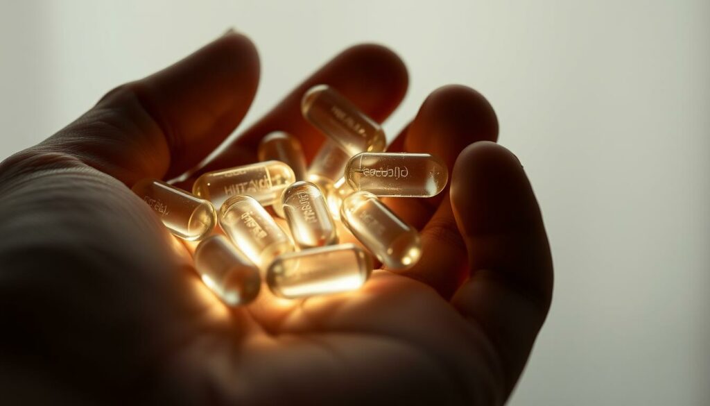 A close-up view of a human hand holding several transparent capsules filled with a viscous, clear liquid, representing hyaluronic acid supplements. The capsules are backlit, casting a soft, diffused glow that illuminates the hand, creating a sense of introspection. The background is gently blurred, with a muted, neutral color palette to draw focus to the central elements. The overall mood is one of contemplation, highlighting the potential side effects and considerations associated with the use of hyaluronic acid. A close-up view of a human hand holding several transparent capsules filled with a viscous, clear liquid, representing hyaluronic acid supplements. The capsules are backlit, casting a soft, diffused glow that illuminates the hand, creating a sense of introspection. The background is gently blurred, with a muted, neutral color palette to draw focus to the central elements. The overall mood is one of contemplation, highlighting the potential side effects and considerations associated with the use of hyaluronic acid.