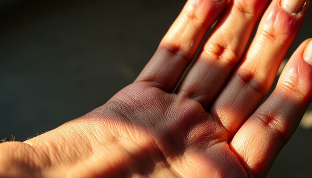 A close-up view of a human hand showing the skin, with visible signs of magnesium deficiency. The skin appears dry, scaly, and discolored, with a reddish or purplish tint. The nails are brittle and have white spots or ridges. The hand is lit by a warm, natural light, casting soft shadows that emphasize the textural details. The background is slightly blurred, keeping the focus on the hand and the visible symptoms of magnesium deficiency. The overall mood is one of concern and educational purpose, inviting the viewer to learn more about the importance of magnesium in the body. A close-up view of a human hand showing the skin, with visible signs of magnesium deficiency. The skin appears dry, scaly, and discolored, with a reddish or purplish tint. The nails are brittle and have white spots or ridges. The hand is lit by a warm, natural light, casting soft shadows that emphasize the textural details. The background is slightly blurred, keeping the focus on the hand and the visible symptoms of magnesium deficiency. The overall mood is one of concern and educational purpose, inviting the viewer to learn more about the importance of magnesium in the body.