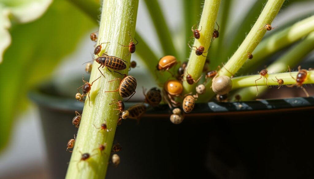 A close-up view of common ZZ plant pests crawling on the leaves and stems of a potted ZZ plant. The pests include spider mites, mealybugs, and scale insects, each with distinct visual characteristics. The lighting is soft and natural, creating detailed textures and shadows that accentuate the intricate patterns on the pests' bodies. The camera angle is slightly tilted to provide an immersive, up-close perspective, allowing the viewer to examine the pests in high resolution. The background is blurred, keeping the focus on the ZZ plant and its troublesome inhabitants. A close-up view of common ZZ plant pests crawling on the leaves and stems of a potted ZZ plant. The pests include spider mites, mealybugs, and scale insects, each with distinct visual characteristics. The lighting is soft and natural, creating detailed textures and shadows that accentuate the intricate patterns on the pests' bodies. The camera angle is slightly tilted to provide an immersive, up-close perspective, allowing the viewer to examine the pests in high resolution. The background is blurred, keeping the focus on the ZZ plant and its troublesome inhabitants.