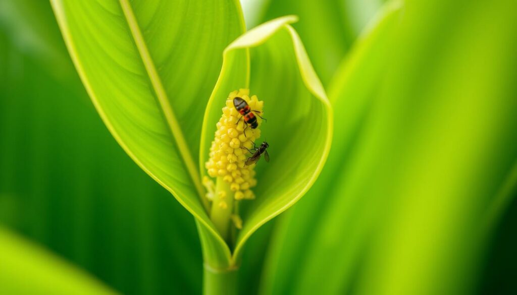 A close-up view of the fertilization process in a ZZ plant (Zamioculcas zamiifolia). The image depicts the plant's inflorescence, with its distinctive green spathe and spadix, surrounded by lush, glossy leaves. The spadix is shown in detail, revealing the tiny yellowish-green flowers that are being pollinated by a small insect, such as a fly or beetle. The lighting is soft and diffused, creating a natural, botanical atmosphere. The depth of field is shallow, keeping the focus on the central fertilization event while gently blurring the background. The overall composition draws the viewer's attention to the intricate reproductive mechanisms of this resilient, low-maintenance houseplant. A close-up view of the fertilization process in a ZZ plant (Zamioculcas zamiifolia). The image depicts the plant's inflorescence, with its distinctive green spathe and spadix, surrounded by lush, glossy leaves. The spadix is shown in detail, revealing the tiny yellowish-green flowers that are being pollinated by a small insect, such as a fly or beetle. The lighting is soft and diffused, creating a natural, botanical atmosphere. The depth of field is shallow, keeping the focus on the central fertilization event while gently blurring the background. The overall composition draws the viewer's attention to the intricate reproductive mechanisms of this resilient, low-maintenance houseplant.