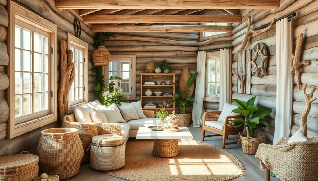 A cozy beach cottage nestled among natural textures and materials. Weathered wooden planks, sun-bleached driftwood, and lush greenery create a serene, coastal ambiance. Soft, natural light filters through large windows, casting a warm glow on the space. Woven baskets, jute rugs, and linen curtains add tactile elements, while sea glass accents and driftwood sculptures bring the beach indoors. The scene exudes a sense of tranquility and rustic charm, inviting you to relax and embrace the simple pleasures of coastal living. A cozy beach cottage nestled among natural textures and materials. Weathered wooden planks, sun-bleached driftwood, and lush greenery create a serene, coastal ambiance. Soft, natural light filters through large windows, casting a warm glow on the space. Woven baskets, jute rugs, and linen curtains add tactile elements, while sea glass accents and driftwood sculptures bring the beach indoors. The scene exudes a sense of tranquility and rustic charm, inviting you to relax and embrace the simple pleasures of coastal living.