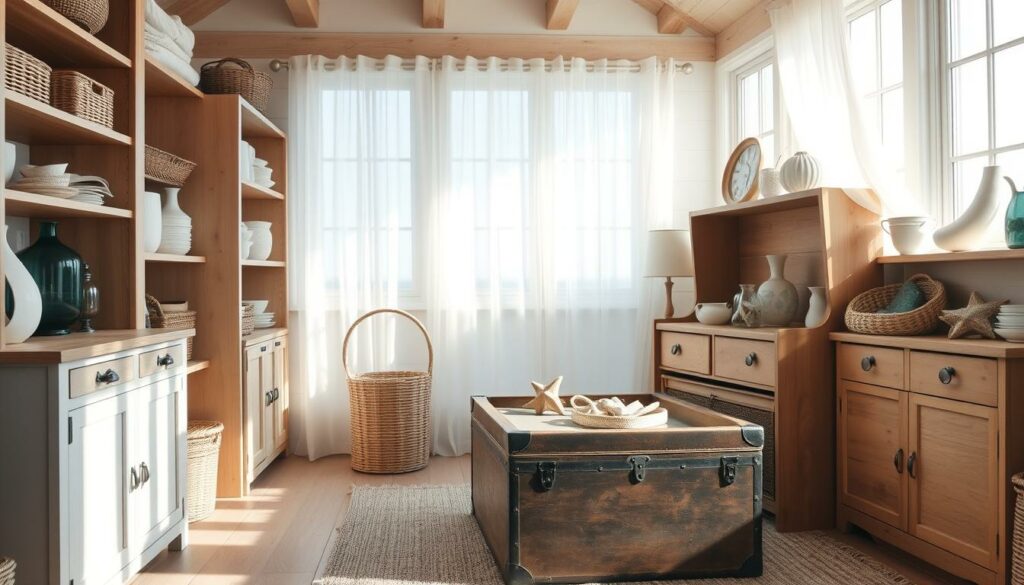 A cozy beach cottage storage room, flooded with warm natural light from large windows. Wooden shelves and cabinets line the walls, neatly displaying an array of coastal-inspired decor, woven baskets, and sea glass vases. A vintage trunk serves as a coffee table, its lid open to reveal additional storage space. Sheer white curtains billow gently, hinting at a gentle ocean breeze. Soft, neutral tones and rustic textures create a relaxed, inviting atmosphere, perfect for small-space living with a touch of seaside charm. A cozy beach cottage storage room, flooded with warm natural light from large windows. Wooden shelves and cabinets line the walls, neatly displaying an array of coastal-inspired decor, woven baskets, and sea glass vases. A vintage trunk serves as a coffee table, its lid open to reveal additional storage space. Sheer white curtains billow gently, hinting at a gentle ocean breeze. Soft, neutral tones and rustic textures create a relaxed, inviting atmosphere, perfect for small-space living with a touch of seaside charm.
