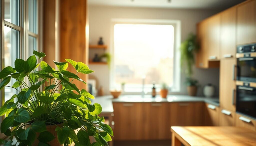 A cozy kitchen interior, bathed in natural light streaming through large windows. In the foreground, lush green houseplants thrive on a wooden windowsill, their vibrant foliage cascading gracefully. In the middle ground, a sleek kitchen counter tops gleam, surrounded by modern, minimalist cabinets. The background reveals a warm, inviting atmosphere, with hints of earthy textures and soft, muted colors that create a soothing, calming ambiance. The lighting is soft and diffused, highlighting the plants' verdant hues and the kitchen's serene, harmonious atmosphere. The overall composition conveys a sense of tranquility and the rejuvenating presence of nature within the domestic cooking space.