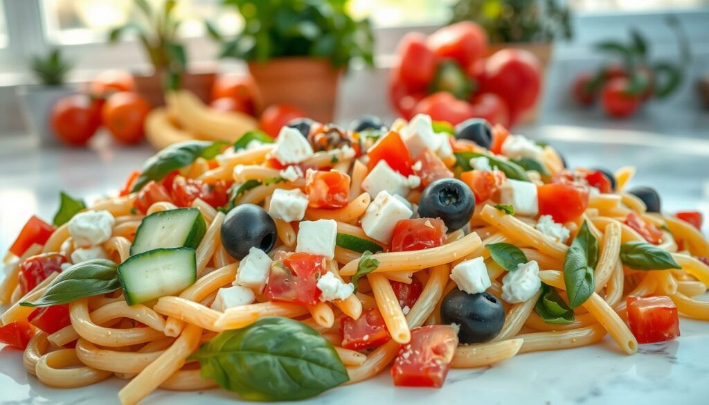 A delectable pasta salad with vibrant, fresh ingredients. In the foreground, a tangle of al dente penne pasta, tossed with diced tomatoes, crisp cucumber, and tangy feta cheese. The middle ground features sliced black olives, crunchy bell peppers, and fragrant basil leaves. The background showcases a dreamy, sun-dappled setting, with a marble countertop and a hint of lush greenery from potted herbs. The lighting is soft and natural, casting a warm, inviting glow over the entire scene. Captured with a wide-angle lens to showcase the full composition, this image conveys the perfect balance of flavors and textures that make up the ultimate pasta salad. A delectable pasta salad with vibrant, fresh ingredients. In the foreground, a tangle of al dente penne pasta, tossed with diced tomatoes, crisp cucumber, and tangy feta cheese. The middle ground features sliced black olives, crunchy bell peppers, and fragrant basil leaves. The background showcases a dreamy, sun-dappled setting, with a marble countertop and a hint of lush greenery from potted herbs. The lighting is soft and natural, casting a warm, inviting glow over the entire scene. Captured with a wide-angle lens to showcase the full composition, this image conveys the perfect balance of flavors and textures that make up the ultimate pasta salad.
