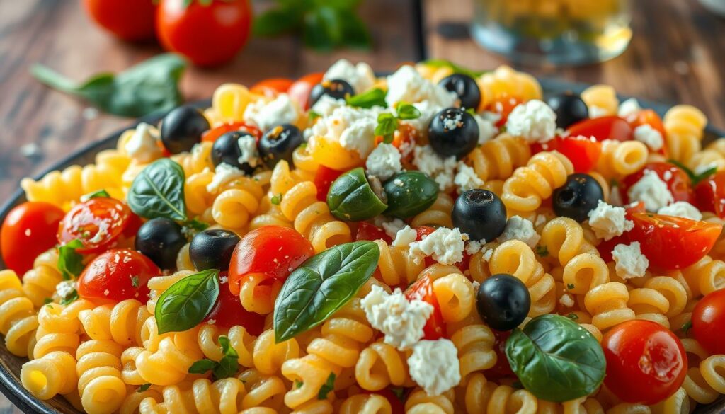 A delightful pasta salad overflowing with vibrant colors and textures. Foreground features a generous serving of fusilli pasta, tossed with a medley of juicy cherry tomatoes, crisp cucumber slices, and fragrant basil leaves. Middle ground showcases salty kalamata olives, crumbled feta cheese, and a drizzle of zesty vinaigrette. Background hints at a rustic wooden table, with a soft, warm lighting illuminating the scene. The overall mood is fresh, summery, and inviting, capturing the essence of a perfect pasta salad. A delightful pasta salad overflowing with vibrant colors and textures. Foreground features a generous serving of fusilli pasta, tossed with a medley of juicy cherry tomatoes, crisp cucumber slices, and fragrant basil leaves. Middle ground showcases salty kalamata olives, crumbled feta cheese, and a drizzle of zesty vinaigrette. Background hints at a rustic wooden table, with a soft, warm lighting illuminating the scene. The overall mood is fresh, summery, and inviting, capturing the essence of a perfect pasta salad.