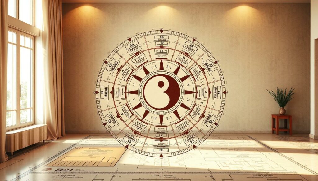 A detailed and precisely aligned floor plan, with a semi-transparent bagua map overlay, illuminated by warm, natural lighting from a wide-angle lens. The bagua map's yin-yang symbol, trigrams, and distinct sectors seamlessly integrate with the architectural elements, creating a harmonious fusion of ancient wisdom and modern design. The image conveys a sense of balance, introspection, and the interconnectedness of the physical and metaphysical realms, perfectly capturing the essence of applying the Bagua map to a residential space. A detailed and precisely aligned floor plan, with a semi-transparent bagua map overlay, illuminated by warm, natural lighting from a wide-angle lens. The bagua map's yin-yang symbol, trigrams, and distinct sectors seamlessly integrate with the architectural elements, creating a harmonious fusion of ancient wisdom and modern design. The image conveys a sense of balance, introspection, and the interconnectedness of the physical and metaphysical realms, perfectly capturing the essence of applying the Bagua map to a residential space.