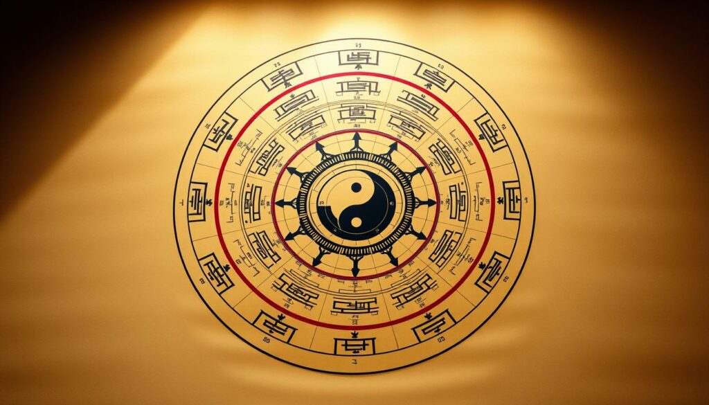 A detailed and precisely rendered illustration of a Bagua map, the ancient feng shui tool for harmonious spatial arrangement. Depicted in a warm, earthy color palette, the circular diagram shows the eight trigrams and their associated elements, principles, and directions, arranged around a central yin-yang symbol. The map is lit from above with soft, natural lighting, creating subtle shadows and highlights that accentuate the intricate lines and symbols. The perspective is slightly elevated, allowing the viewer to appreciate the symmetry and balance of the design. The overall atmosphere is one of tranquility, wisdom, and a deep connection to the natural world. A detailed and precisely rendered illustration of a Bagua map, the ancient feng shui tool for harmonious spatial arrangement. Depicted in a warm, earthy color palette, the circular diagram shows the eight trigrams and their associated elements, principles, and directions, arranged around a central yin-yang symbol. The map is lit from above with soft, natural lighting, creating subtle shadows and highlights that accentuate the intricate lines and symbols. The perspective is slightly elevated, allowing the viewer to appreciate the symmetry and balance of the design. The overall atmosphere is one of tranquility, wisdom, and a deep connection to the natural world.