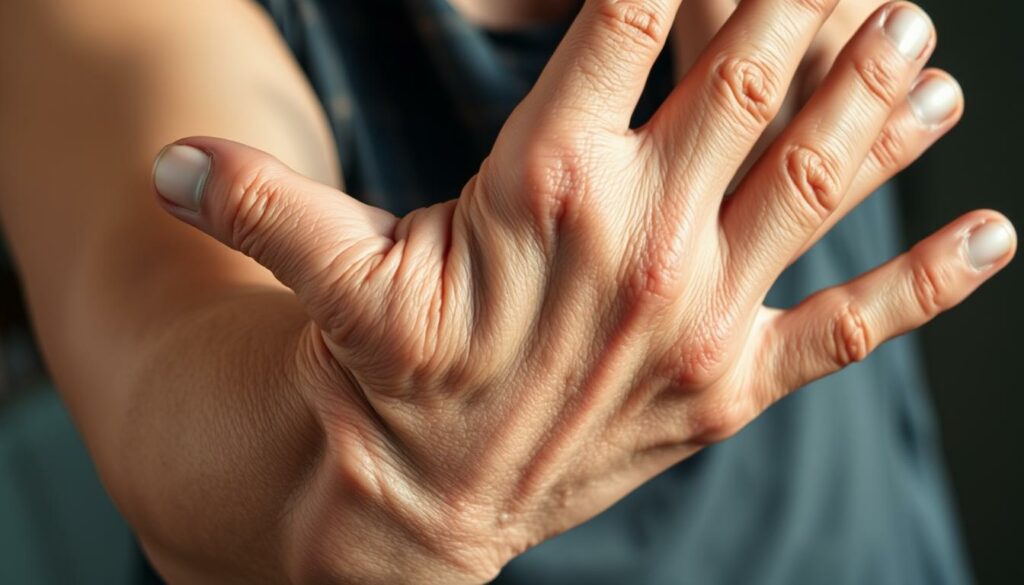 A detailed close-up image of a person's hand and arm, showcasing the classic symptoms of magnesium deficiency. The skin appears dry, cracked, and discolored, with visible muscle twitches and tremors. The lighting is soft and natural, highlighting the textural imperfections. The background is blurred and out of focus, maintaining the viewer's attention on the central subject. The overall mood is one of subtle unease, conveying the discomfort and underlying health concerns associated with low magnesium levels. A detailed close-up image of a person's hand and arm, showcasing the classic symptoms of magnesium deficiency. The skin appears dry, cracked, and discolored, with visible muscle twitches and tremors. The lighting is soft and natural, highlighting the textural imperfections. The background is blurred and out of focus, maintaining the viewer's attention on the central subject. The overall mood is one of subtle unease, conveying the discomfort and underlying health concerns associated with low magnesium levels.
