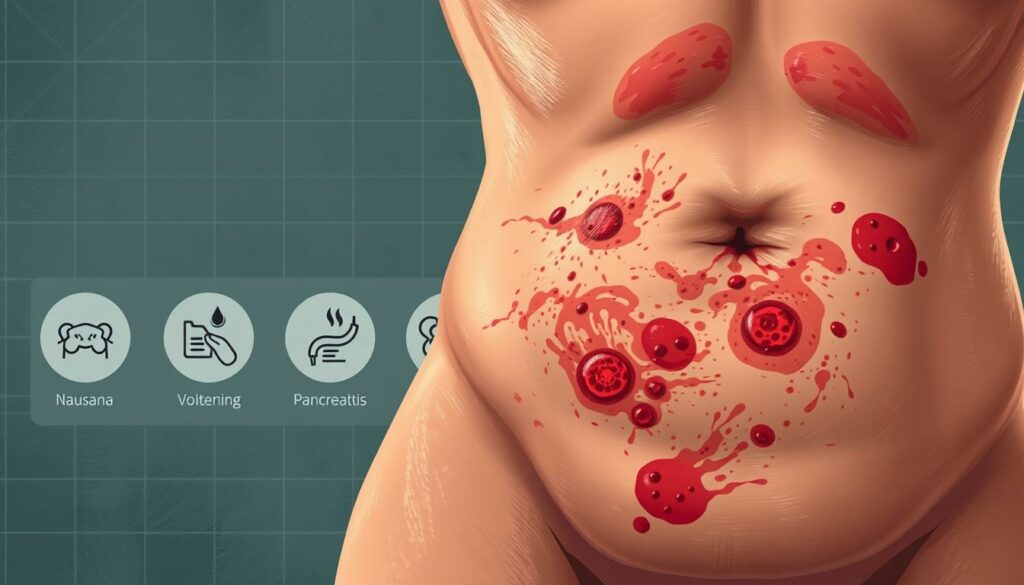 A detailed medical illustration depicting the serious side effects of Ozempic medication. In the foreground, a close-up view of an inflamed, irritated injection site on a person's abdomen, with angry red rashes and swelling. In the middle ground, a series of pictorial icons representing other potential side effects like nausea, vomiting, diarrhea, and pancreatitis. In the background, a somber, muted color palette with a medical-grade checkered pattern, conveying a sense of clinical severity. Crisp, high-detail rendering with a focus on realism and accuracy to educate viewers about the risks associated with this drug. A detailed medical illustration depicting the serious side effects of Ozempic medication. In the foreground, a close-up view of an inflamed, irritated injection site on a person's abdomen, with angry red rashes and swelling. In the middle ground, a series of pictorial icons representing other potential side effects like nausea, vomiting, diarrhea, and pancreatitis. In the background, a somber, muted color palette with a medical-grade checkered pattern, conveying a sense of clinical severity. Crisp, high-detail rendering with a focus on realism and accuracy to educate viewers about the risks associated with this drug.