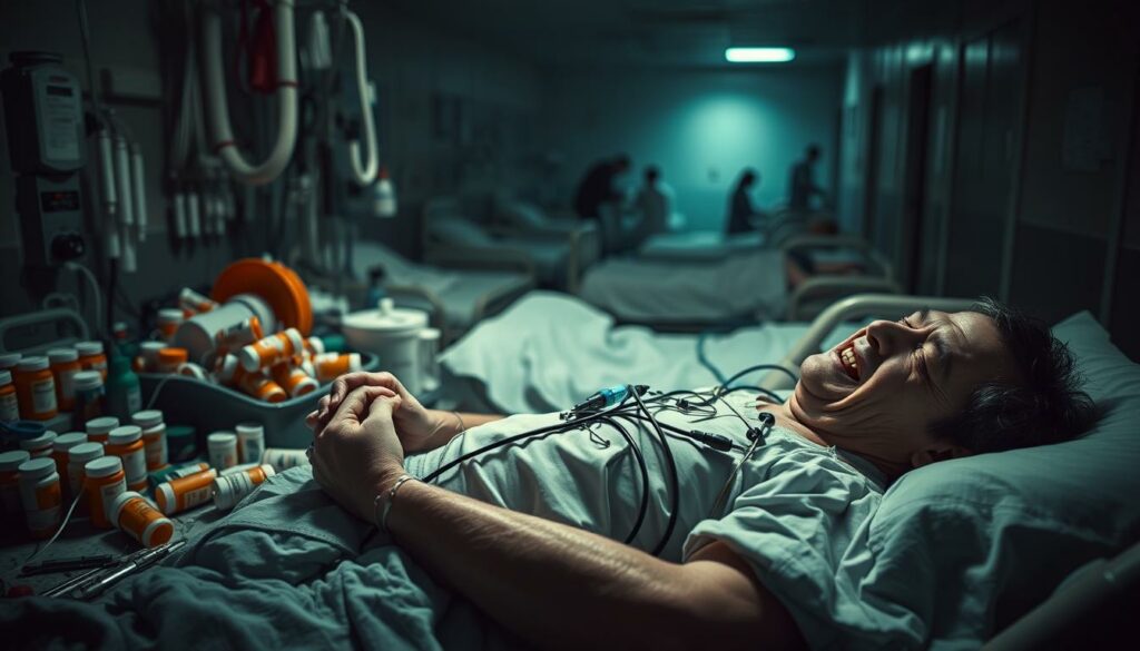 A detailed, unsettling scene of conventional medicine's side effects. In the foreground, a person lies in a hospital bed, hooked up to various tubes and machines, their face contorted in pain. The middle ground shows a cluttered array of prescription bottles, syringes, and other medical paraphernalia, hinting at the complex web of treatments. In the background, a dim, sterile hospital ward stretches out, with the faint silhouettes of other patients struggling. The lighting is harsh and clinical, casting deep shadows and creating an ominous, foreboding atmosphere. The overall impression is one of the harsh realities and unintended consequences of the modern medical system.