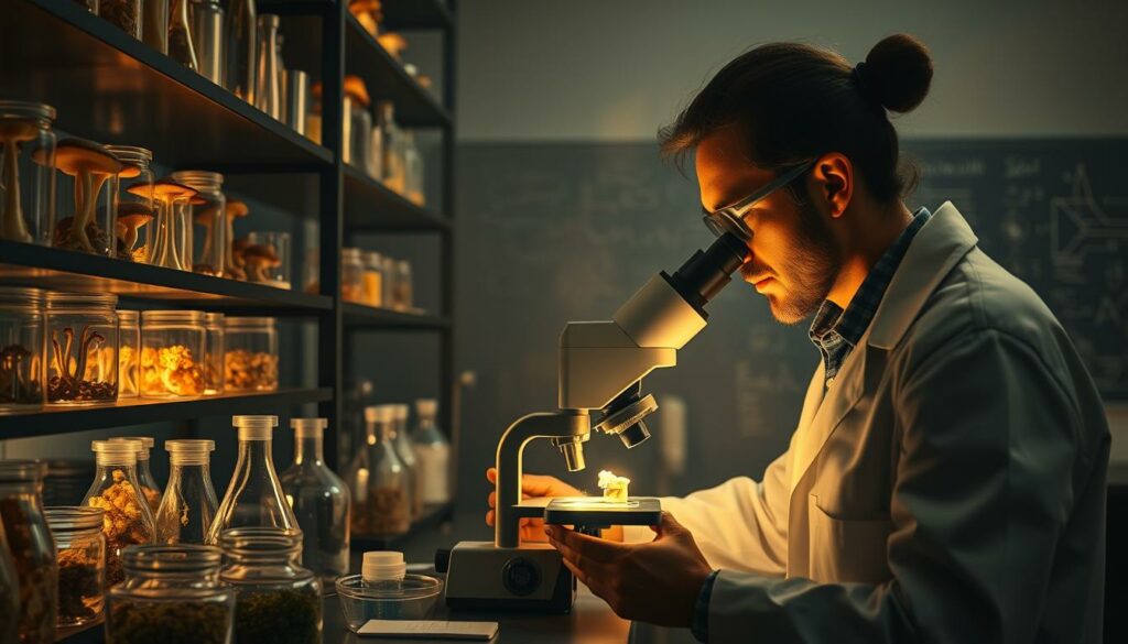 A dimly lit research lab, with shelves of glass beakers and petri dishes filled with various species of medicinal mushrooms. In the foreground, a scientist in a white lab coat examines a sample under a high-powered microscope, their face illuminated by the warm glow of the instrument's light. The background is hazy, with the faint silhouettes of other lab equipment and a chalkboard covered in intricate diagrams and equations. The overall mood is one of scientific exploration and wonder, as the researcher delves into the mysteries of these fascinating fungi. A dimly lit research lab, with shelves of glass beakers and petri dishes filled with various species of medicinal mushrooms. In the foreground, a scientist in a white lab coat examines a sample under a high-powered microscope, their face illuminated by the warm glow of the instrument's light. The background is hazy, with the faint silhouettes of other lab equipment and a chalkboard covered in intricate diagrams and equations. The overall mood is one of scientific exploration and wonder, as the researcher delves into the mysteries of these fascinating fungi.