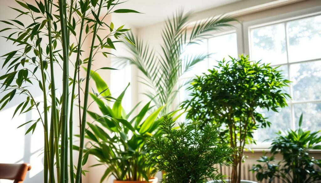 A harmonious arrangement of lush, verdant feng shui plants in a sun-dappled room. In the foreground, a potted bamboo plant stands tall, its slender stems swaying gently. Behind it, a thriving Dracaena plant with its broad, sword-shaped leaves adds a bold accent. In the middle ground, a Chinese evergreen adds its distinctive patterned foliage, complemented by the vibrant green of a Money Tree. In the background, a large window allows natural light to pour in, casting a warm, tranquil glow over the scene. The overall composition creates a calming, balanced atmosphere, showcasing the optimal placement of feng shui plants to enhance the energy and well-being of the space. A harmonious arrangement of lush, verdant feng shui plants in a sun-dappled room. In the foreground, a potted bamboo plant stands tall, its slender stems swaying gently. Behind it, a thriving Dracaena plant with its broad, sword-shaped leaves adds a bold accent. In the middle ground, a Chinese evergreen adds its distinctive patterned foliage, complemented by the vibrant green of a Money Tree. In the background, a large window allows natural light to pour in, casting a warm, tranquil glow over the scene. The overall composition creates a calming, balanced atmosphere, showcasing the optimal placement of feng shui plants to enhance the energy and well-being of the space.