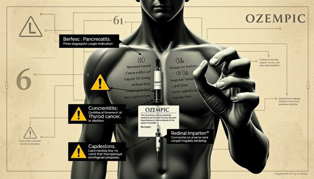 A high-contrast, detailed medical illustration depicting the contraindications for Ozempic medication. The foreground features a human figure with various warning symbols and text overlays highlighting conditions and factors that may preclude the use of Ozempic, such as pancreatitis, thyroid cancer, and renal impairment. The middle ground showcases the Ozempic medication packaging and syringe, with a muted, clinical color palette. The background is a subtly textured, neutral medical diagram-style setting, conveying a sense of authority and professionalism. Dramatic lighting casts strong shadows, emphasizing the gravity of the contraindications. The overall mood is serious and informative, designed to illustrate the key points of the "Who Should Not Take Ozempic" section. A high-contrast, detailed medical illustration depicting the contraindications for Ozempic medication. The foreground features a human figure with various warning symbols and text overlays highlighting conditions and factors that may preclude the use of Ozempic, such as pancreatitis, thyroid cancer, and renal impairment. The middle ground showcases the Ozempic medication packaging and syringe, with a muted, clinical color palette. The background is a subtly textured, neutral medical diagram-style setting, conveying a sense of authority and professionalism. Dramatic lighting casts strong shadows, emphasizing the gravity of the contraindications. The overall mood is serious and informative, designed to illustrate the key points of the "Who Should Not Take Ozempic" section.