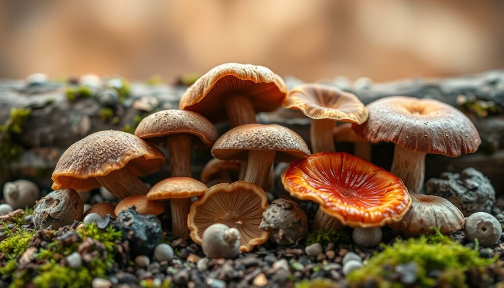 A high-quality, macro-style photograph of a collection of medicinal mushrooms arranged in a natural, artful display. The mushrooms should be visually striking, with vibrant colors and intricate textures that showcase their unique characteristics. The foreground should feature several different species, such as reishi, chaga, and lion's mane, carefully positioned to create a sense of balance and harmony. The middle ground should include a soft, natural backdrop, such as moss-covered logs or earthy tones, to complement the mushrooms. The lighting should be warm and diffused, creating a serene and inviting atmosphere. The overall composition should be visually appealing, highlighting the medicinal properties and diverse benefits of these remarkable fungi. A high-quality, macro-style photograph of a collection of medicinal mushrooms arranged in a natural, artful display. The mushrooms should be visually striking, with vibrant colors and intricate textures that showcase their unique characteristics. The foreground should feature several different species, such as reishi, chaga, and lion's mane, carefully positioned to create a sense of balance and harmony. The middle ground should include a soft, natural backdrop, such as moss-covered logs or earthy tones, to complement the mushrooms. The lighting should be warm and diffused, creating a serene and inviting atmosphere. The overall composition should be visually appealing, highlighting the medicinal properties and diverse benefits of these remarkable fungi.