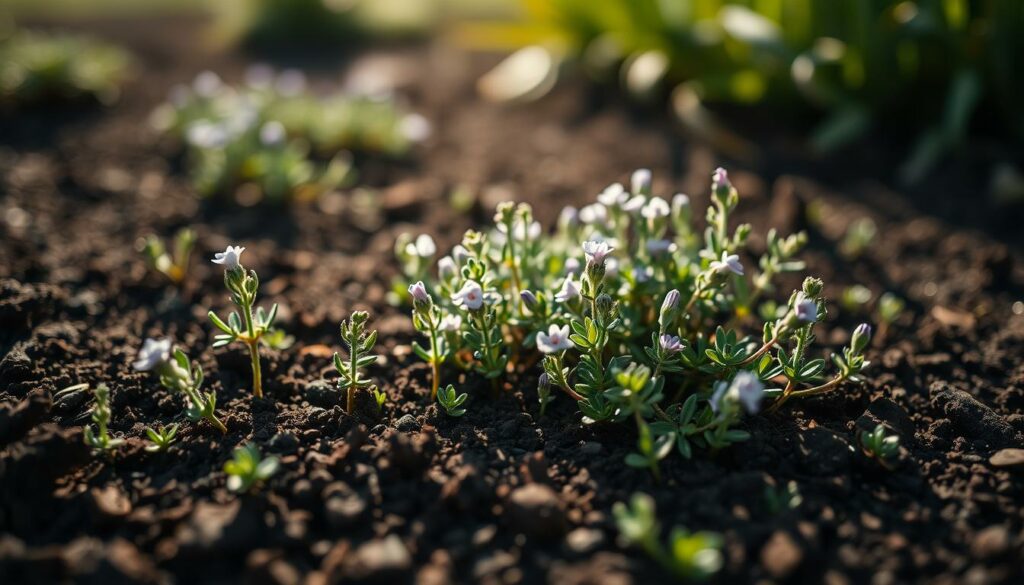 A lush, close-up view of freshly planted creeping thyme groundcover, with delicate sprigs and tiny lavender blooms emerging from rich, dark soil. The scene is bathed in soft, natural lighting from an overhead angle, creating subtle shadows and highlights that accentuate the plant's texture and color. The foreground is in sharp focus, while the background gently blurs into a hazy, out-of-focus landscape, drawing the eye to the vibrant centerpiece. The overall composition conveys a sense of tranquility, growth, and the beauty of this resilient, low-growing perennial. A lush, close-up view of freshly planted creeping thyme groundcover, with delicate sprigs and tiny lavender blooms emerging from rich, dark soil. The scene is bathed in soft, natural lighting from an overhead angle, creating subtle shadows and highlights that accentuate the plant's texture and color. The foreground is in sharp focus, while the background gently blurs into a hazy, out-of-focus landscape, drawing the eye to the vibrant centerpiece. The overall composition conveys a sense of tranquility, growth, and the beauty of this resilient, low-growing perennial.