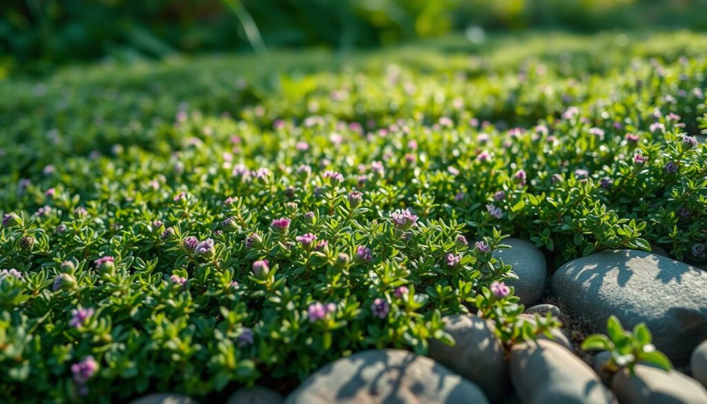 A lush expanse of vibrant green creeping thyme, its delicate, aromatic foliage blanketing the ground in a serene, natural setting. Close-up, the fuzzy leaves and tiny purple flowers are illuminated by soft, diffused lighting, casting long, gentle shadows across the scene. The middle ground features the thyme plants growing among smooth river stones, with a blurred background of verdant, out-of-focus greenery. The overall mood is one of tranquility and botanical harmony, inviting the viewer to imagine the soothing scent and therapeutic touch of the thriving, low-growing groundcover. A lush expanse of vibrant green creeping thyme, its delicate, aromatic foliage blanketing the ground in a serene, natural setting. Close-up, the fuzzy leaves and tiny purple flowers are illuminated by soft, diffused lighting, casting long, gentle shadows across the scene. The middle ground features the thyme plants growing among smooth river stones, with a blurred background of verdant, out-of-focus greenery. The overall mood is one of tranquility and botanical harmony, inviting the viewer to imagine the soothing scent and therapeutic touch of the thriving, low-growing groundcover.