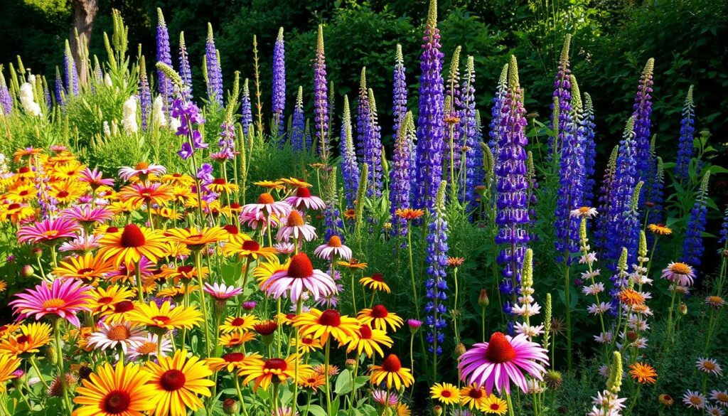 A lush garden filled with an array of blooming perennials, basking in the warm summer sun. In the foreground, vibrant clusters of colorful flowers including daylilies, coneflowers, and rudbeckia sway gently in a slight breeze. The middle ground features towering stalks of delphinium and lupine, their delicate blossoms reaching skyward. In the background, a verdant tapestry of foliage creates a serene, natural backdrop, accentuating the beauty of the flowering plants. The lighting is soft and diffused, casting a warm, golden glow over the entire scene. Captured with a wide-angle lens to showcase the breadth and depth of this stunning summer garden. A lush garden filled with an array of blooming perennials, basking in the warm summer sun. In the foreground, vibrant clusters of colorful flowers including daylilies, coneflowers, and rudbeckia sway gently in a slight breeze. The middle ground features towering stalks of delphinium and lupine, their delicate blossoms reaching skyward. In the background, a verdant tapestry of foliage creates a serene, natural backdrop, accentuating the beauty of the flowering plants. The lighting is soft and diffused, casting a warm, golden glow over the entire scene. Captured with a wide-angle lens to showcase the breadth and depth of this stunning summer garden.