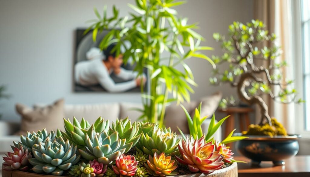 A lush, harmonious arrangement of vibrant feng shui plants adorning a serene, well-lit living space. In the foreground, a cluster of thriving succulents, their unique shapes and textures creating a visually captivating display. The middle ground features a graceful bamboo plant, its tall, slender stalks swaying gently under soft, diffused lighting. In the background, a bonsai tree, its intricate branches and delicate foliage adding a touch of tranquility. The overall composition exudes a sense of balance, calm, and a strong connection to nature, perfectly embodying the principles of feng shui and elevating the ambiance of the living area. A lush, harmonious arrangement of vibrant feng shui plants adorning a serene, well-lit living space. In the foreground, a cluster of thriving succulents, their unique shapes and textures creating a visually captivating display. The middle ground features a graceful bamboo plant, its tall, slender stalks swaying gently under soft, diffused lighting. In the background, a bonsai tree, its intricate branches and delicate foliage adding a touch of tranquility. The overall composition exudes a sense of balance, calm, and a strong connection to nature, perfectly embodying the principles of feng shui and elevating the ambiance of the living area.