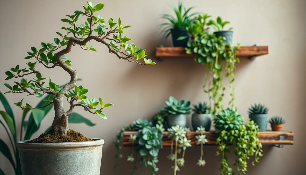 A lush, tranquil scene of thriving feng shui plants artfully arranged in a serene indoor setting. In the foreground, a potted bonsai tree with intricate, twisted branches commands attention, its vibrant green foliage illuminated by soft, natural lighting. In the middle ground, a collection of healthy succulents and air plants cascade down a rustic wooden shelf, their geometric shapes and muted tones creating a visually appealing contrast. The background features a minimalist, earthy-toned wall, allowing the verdant plants to take center stage and exude a sense of harmony and balance. The overall composition evokes a peaceful, nurturing atmosphere, perfectly capturing the essence of beneficial feng shui plants for the home. A lush, tranquil scene of thriving feng shui plants artfully arranged in a serene indoor setting. In the foreground, a potted bonsai tree with intricate, twisted branches commands attention, its vibrant green foliage illuminated by soft, natural lighting. In the middle ground, a collection of healthy succulents and air plants cascade down a rustic wooden shelf, their geometric shapes and muted tones creating a visually appealing contrast. The background features a minimalist, earthy-toned wall, allowing the verdant plants to take center stage and exude a sense of harmony and balance. The overall composition evokes a peaceful, nurturing atmosphere, perfectly capturing the essence of beneficial feng shui plants for the home.
