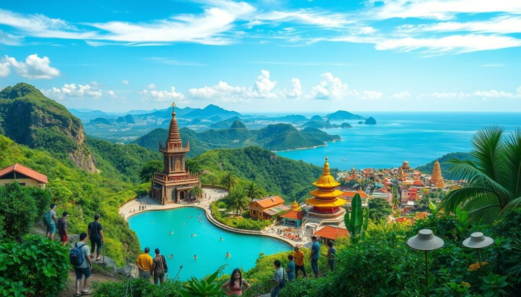 A lush, tropical landscape depicting the diverse seasons and activities of Vietnam. In the foreground, a group of individuals engage in various pursuits - hiking through verdant mountains, swimming in turquoise waters, and exploring vibrant city streets. The middle ground showcases the country's cultural richness, with ornate pagodas and bustling markets. In the background, a panoramic vista of rolling hills, clear skies, and the glistening ocean. The lighting is warm and diffused, creating a sense of harmony and balance. The composition emphasizes the interconnectedness of the natural and human elements, inviting the viewer to explore Vietnam's optimal seasons for different activities. A lush, tropical landscape depicting the diverse seasons and activities of Vietnam. In the foreground, a group of individuals engage in various pursuits - hiking through verdant mountains, swimming in turquoise waters, and exploring vibrant city streets. The middle ground showcases the country's cultural richness, with ornate pagodas and bustling markets. In the background, a panoramic vista of rolling hills, clear skies, and the glistening ocean. The lighting is warm and diffused, creating a sense of harmony and balance. The composition emphasizes the interconnectedness of the natural and human elements, inviting the viewer to explore Vietnam's optimal seasons for different activities.