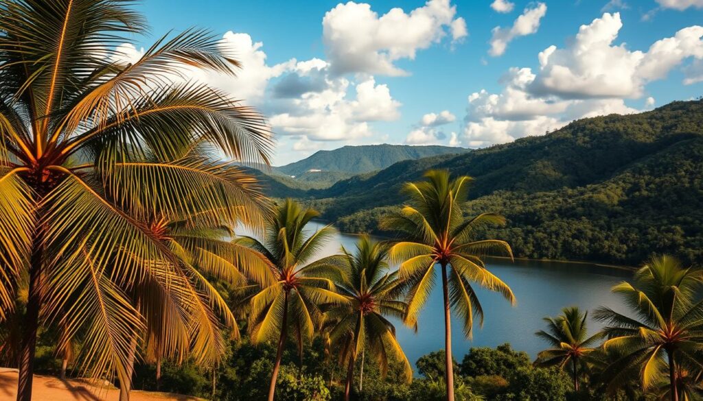 A lush, tropical landscape in Sri Lanka, bathed in warm, golden sunlight. In the foreground, vibrant palm trees sway gently in a soft breeze, their fronds casting intricate shadows on the ground below. In the middle ground, a serene lake reflects the azure sky, dotted with fluffy white clouds. In the distance, rolling hills covered in verdant foliage rise up, providing a picturesque backdrop. The scene exudes a sense of tranquility and natural beauty, perfectly capturing the essence of Sri Lanka's best time to visit. A lush, tropical landscape in Sri Lanka, bathed in warm, golden sunlight. In the foreground, vibrant palm trees sway gently in a soft breeze, their fronds casting intricate shadows on the ground below. In the middle ground, a serene lake reflects the azure sky, dotted with fluffy white clouds. In the distance, rolling hills covered in verdant foliage rise up, providing a picturesque backdrop. The scene exudes a sense of tranquility and natural beauty, perfectly capturing the essence of Sri Lanka's best time to visit.