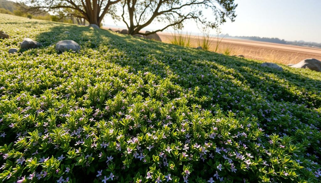 A lush, verdant carpet of creeping thyme spreads across the landscape, its delicate, lavender-tinted foliage forming a seamless, low-growing ground cover. Sunlight filters through the leaves, casting a warm, dappled glow over the scene. In the foreground, the thyme's tiny, star-shaped flowers bloom in abundance, their subtle fragrance wafting through the air. The middle ground reveals a tranquil, natural setting, with scattered rocks and a few wispy grass tufts interspersed among the thyme. The background features a distant, hazy tree line, creating a sense of depth and a peaceful, serene atmosphere. Captured with a wide-angle lens, this image showcases the beauty and versatility of creeping thyme as a living, low-maintenance ground cover for any landscape. A lush, verdant carpet of creeping thyme spreads across the landscape, its delicate, lavender-tinted foliage forming a seamless, low-growing ground cover. Sunlight filters through the leaves, casting a warm, dappled glow over the scene. In the foreground, the thyme's tiny, star-shaped flowers bloom in abundance, their subtle fragrance wafting through the air. The middle ground reveals a tranquil, natural setting, with scattered rocks and a few wispy grass tufts interspersed among the thyme. The background features a distant, hazy tree line, creating a sense of depth and a peaceful, serene atmosphere. Captured with a wide-angle lens, this image showcases the beauty and versatility of creeping thyme as a living, low-maintenance ground cover for any landscape.