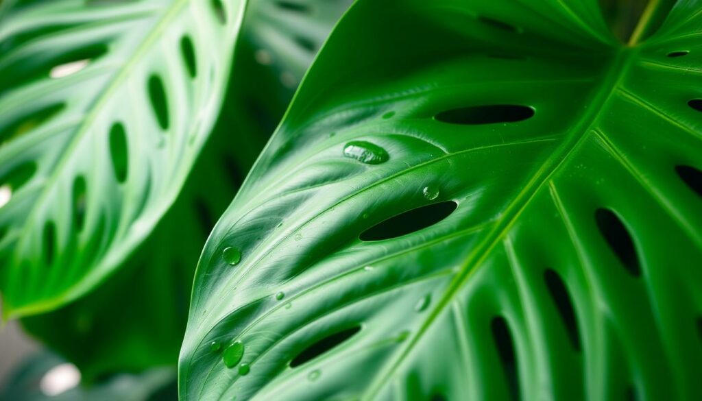 A lush, verdant close-up of Monstera deliciosa leaves, capturing their iconic perforated, heart-shaped form in rich, saturated hues. The leaves fill the frame, their surfaces glistening with a soft, dewy light that accentuates the deep green tones and intricate textures. The foreground is in sharp focus, drawing the viewer's attention to the detailed veining and the tactile, fleshy quality of the leaves. The background is softly blurred, creating a sense of depth and emphasizing the central subject. The lighting is natural and diffused, lending a serene, almost ethereal quality to the composition. The overall mood is one of lush, tropical abundance, perfectly suited to illustrate the essential care routine for this captivating houseplant. A lush, verdant close-up of Monstera deliciosa leaves, capturing their iconic perforated, heart-shaped form in rich, saturated hues. The leaves fill the frame, their surfaces glistening with a soft, dewy light that accentuates the deep green tones and intricate textures. The foreground is in sharp focus, drawing the viewer's attention to the detailed veining and the tactile, fleshy quality of the leaves. The background is softly blurred, creating a sense of depth and emphasizing the central subject. The lighting is natural and diffused, lending a serene, almost ethereal quality to the composition. The overall mood is one of lush, tropical abundance, perfectly suited to illustrate the essential care routine for this captivating houseplant.