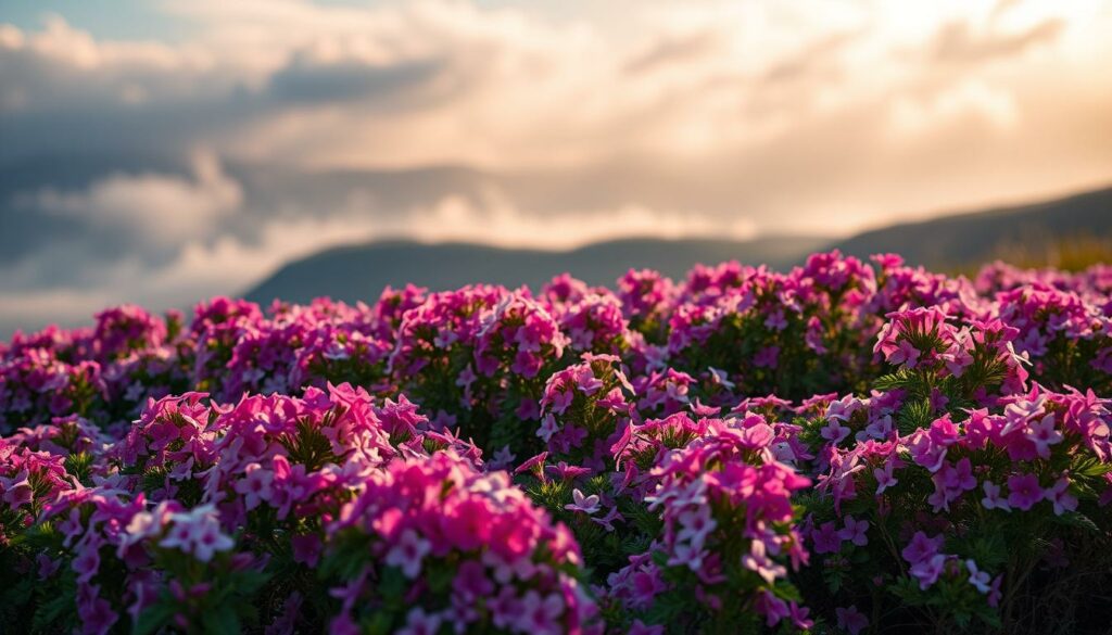 A lush, vibrant bed of creeping phlox, its delicate pink and purple flowers cascading down a gentle slope. The flowers are in full bloom, their petals softly illuminated by warm, diffused natural light filtering through wispy clouds. The background is a serene, blurred landscape with rolling hills and a hazy sky. A mist-like effect enhances the dreamlike atmosphere. The camera angle is slightly elevated, capturing the flowers from an eye-level perspective, allowing the viewer to fully appreciate the plant's unique growth habit and watering needs. The overall scene conveys a sense of tranquility and the gentle, nurturing care required to maintain these delicate, ground-covering perennials. A lush, vibrant bed of creeping phlox, its delicate pink and purple flowers cascading down a gentle slope. The flowers are in full bloom, their petals softly illuminated by warm, diffused natural light filtering through wispy clouds. The background is a serene, blurred landscape with rolling hills and a hazy sky. A mist-like effect enhances the dreamlike atmosphere. The camera angle is slightly elevated, capturing the flowers from an eye-level perspective, allowing the viewer to fully appreciate the plant's unique growth habit and watering needs. The overall scene conveys a sense of tranquility and the gentle, nurturing care required to maintain these delicate, ground-covering perennials.