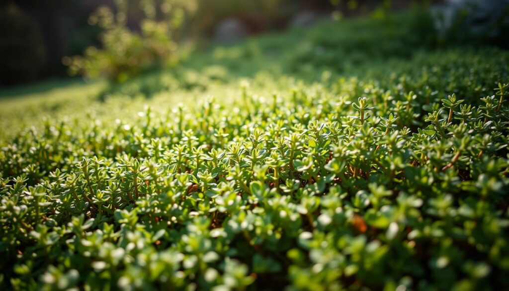 A lush, vibrant carpet of creeping thyme, its delicate, green foliage gently sprawling across the ground, bathed in soft, diffused natural light. The scene is captured from a low, close-up angle, emphasizing the intricate textures and subtle hues of the plants. The background is blurred, keeping the focus on the foreground subject, creating a sense of depth and tranquility. The overall mood is one of serene, natural beauty, showcasing the ideal growing conditions for this hardy, fragrant ground cover. A lush, vibrant carpet of creeping thyme, its delicate, green foliage gently sprawling across the ground, bathed in soft, diffused natural light. The scene is captured from a low, close-up angle, emphasizing the intricate textures and subtle hues of the plants. The background is blurred, keeping the focus on the foreground subject, creating a sense of depth and tranquility. The overall mood is one of serene, natural beauty, showcasing the ideal growing conditions for this hardy, fragrant ground cover.