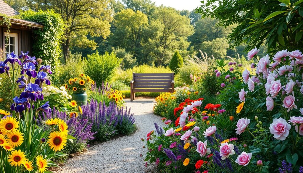 A lush, vibrant summer garden in soft, natural light. In the foreground, a mix of colorful perennials in bloom - lush purple irises, bright yellow sunflowers, and delicate pink peonies. Carefully arranged beds with winding gravel paths lead the eye through the tranquil scene. In the middle ground, a rustic wooden bench nestled among climbing vines and fragrant shrubs. Beyond, a wispy, verdant backdrop of mature trees gently swaying in a warm breeze. The overall atmosphere is one of serene beauty and abundant summer joy. A lush, vibrant summer garden in soft, natural light. In the foreground, a mix of colorful perennials in bloom - lush purple irises, bright yellow sunflowers, and delicate pink peonies. Carefully arranged beds with winding gravel paths lead the eye through the tranquil scene. In the middle ground, a rustic wooden bench nestled among climbing vines and fragrant shrubs. Beyond, a wispy, verdant backdrop of mature trees gently swaying in a warm breeze. The overall atmosphere is one of serene beauty and abundant summer joy.