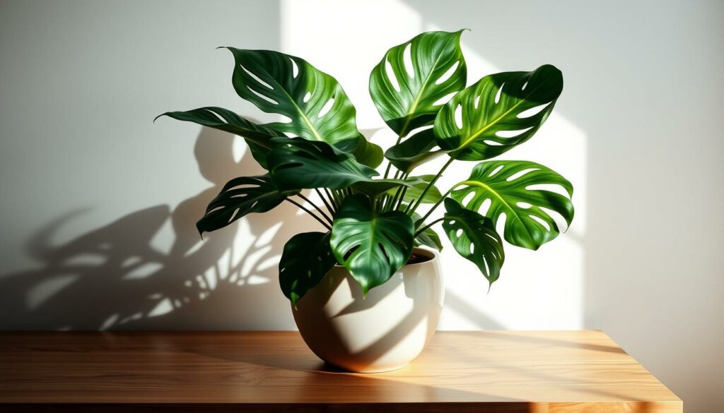 A lush, well-lit monstera deliciosa plant thriving in a sleek, modern ceramic planter, resting on a minimalist wooden table. The leaves cast dramatic shadows, creating a sense of depth and drama. Bright, natural light pours in from a nearby window, illuminating the plant's vibrant green foliage and giving it a healthy, thriving appearance. The planter's clean lines and neutral tone complement the plant's organic forms, creating a harmonious, visually-appealing composition. The overall scene conveys a sense of tranquility and balance, perfectly suited for a section on cultivating the ideal growing environment for a monstera deliciosa. A lush, well-lit monstera deliciosa plant thriving in a sleek, modern ceramic planter, resting on a minimalist wooden table. The leaves cast dramatic shadows, creating a sense of depth and drama. Bright, natural light pours in from a nearby window, illuminating the plant's vibrant green foliage and giving it a healthy, thriving appearance. The planter's clean lines and neutral tone complement the plant's organic forms, creating a harmonious, visually-appealing composition. The overall scene conveys a sense of tranquility and balance, perfectly suited for a section on cultivating the ideal growing environment for a monstera deliciosa.