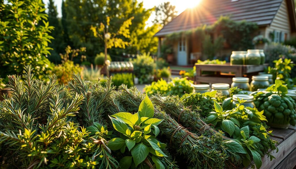 A lush, well-tended garden bursting with vibrant herbs, the afternoon sun casting a warm, golden glow over the scene. In the foreground, neatly arranged bundles of freshly harvested rosemary, thyme, and basil await careful drying, their aromatic leaves glistening with dew. The middle ground features rustic, weathered wooden crates and jars, ready to store the precious herbs for the seasons ahead. In the background, a quaint country cottage sits nestled among verdant foliage, the idyllic setting underscoring the tranquil, natural essence of preserving one's own garden-grown herbs. A lush, well-tended garden bursting with vibrant herbs, the afternoon sun casting a warm, golden glow over the scene. In the foreground, neatly arranged bundles of freshly harvested rosemary, thyme, and basil await careful drying, their aromatic leaves glistening with dew. The middle ground features rustic, weathered wooden crates and jars, ready to store the precious herbs for the seasons ahead. In the background, a quaint country cottage sits nestled among verdant foliage, the idyllic setting underscoring the tranquil, natural essence of preserving one's own garden-grown herbs.