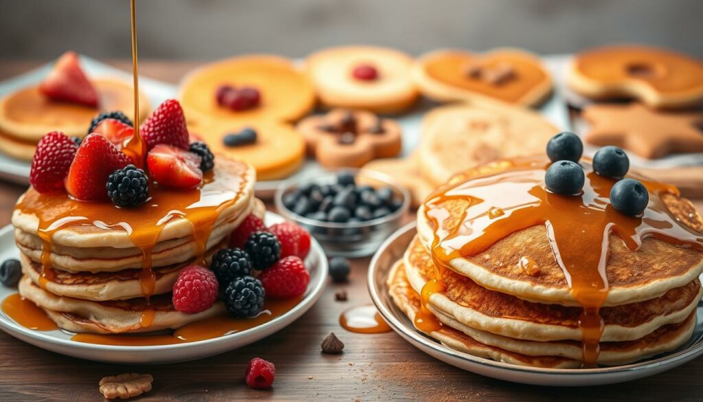 A mouth-watering display of delectable pancake variations, each one a delightful work of culinary art. In the foreground, a stack of fluffy, golden-brown pancakes topped with an array of fresh berries, drizzled with glistening maple syrup. Beside them, a plate showcasing a variety of pancake shapes, from classic rounds to whimsical hearts and stars. In the middle ground, a selection of toppings and mix-ins, including chopped nuts, chocolate chips, and a sprinkle of cinnamon. The background is softly lit, creating a warm and inviting atmosphere, accentuating the vibrant colors and textures of the pancakes. The entire scene is captured with a slightly elevated, angled perspective, emphasizing the depth and variety of these delicious pancake creations. A mouth-watering display of delectable pancake variations, each one a delightful work of culinary art. In the foreground, a stack of fluffy, golden-brown pancakes topped with an array of fresh berries, drizzled with glistening maple syrup. Beside them, a plate showcasing a variety of pancake shapes, from classic rounds to whimsical hearts and stars. In the middle ground, a selection of toppings and mix-ins, including chopped nuts, chocolate chips, and a sprinkle of cinnamon. The background is softly lit, creating a warm and inviting atmosphere, accentuating the vibrant colors and textures of the pancakes. The entire scene is captured with a slightly elevated, angled perspective, emphasizing the depth and variety of these delicious pancake creations.