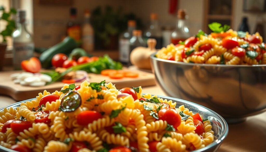 A mouthwatering pasta salad, freshly tossed and glistening with a vibrant vinaigrette dressing. In the foreground, a large serving bowl overflows with a colorful medley of rotini pasta, crisp vegetables, and succulent cherry tomatoes. The middle ground features a wooden cutting board with sliced peppers, onions, and herbs, ready to be added to the salad. In the background, a light-dappled kitchen counter tops a cluster of condiments and seasonings, hinting at the flavorful harmony to come. Warm, ambient lighting casts a comforting glow over the scene, inviting the viewer to imagine the satisfying crunch and tangy tang of this perfectly balanced pasta salad. A mouthwatering pasta salad, freshly tossed and glistening with a vibrant vinaigrette dressing. In the foreground, a large serving bowl overflows with a colorful medley of rotini pasta, crisp vegetables, and succulent cherry tomatoes. The middle ground features a wooden cutting board with sliced peppers, onions, and herbs, ready to be added to the salad. In the background, a light-dappled kitchen counter tops a cluster of condiments and seasonings, hinting at the flavorful harmony to come. Warm, ambient lighting casts a comforting glow over the scene, inviting the viewer to imagine the satisfying crunch and tangy tang of this perfectly balanced pasta salad.