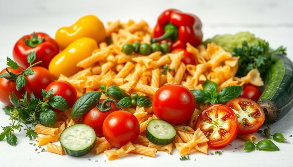 A neatly arranged still life showcasing the essential ingredients for a flavorful pasta salad. In the foreground, a variety of vibrant vegetables - juicy cherry tomatoes, crisp peppers in red and yellow, and sliced cucumber glistening with fresh water droplets. In the middle ground, an assortment of pasta shapes, including fusilli, penne, and farfalle, in various hues of tan and orange. A scattering of herbs, such as basil, parsley, and oregano, adds a lush, verdant touch. Surrounding the ingredients, a soft, diffused lighting creates a warm, appetizing atmosphere, accentuating the natural colors and textures. The composition is balanced and visually appealing, inviting the viewer to imagine the delicious pasta salad that can be crafted from these essential components. A neatly arranged still life showcasing the essential ingredients for a flavorful pasta salad. In the foreground, a variety of vibrant vegetables - juicy cherry tomatoes, crisp peppers in red and yellow, and sliced cucumber glistening with fresh water droplets. In the middle ground, an assortment of pasta shapes, including fusilli, penne, and farfalle, in various hues of tan and orange. A scattering of herbs, such as basil, parsley, and oregano, adds a lush, verdant touch. Surrounding the ingredients, a soft, diffused lighting creates a warm, appetizing atmosphere, accentuating the natural colors and textures. The composition is balanced and visually appealing, inviting the viewer to imagine the delicious pasta salad that can be crafted from these essential components.