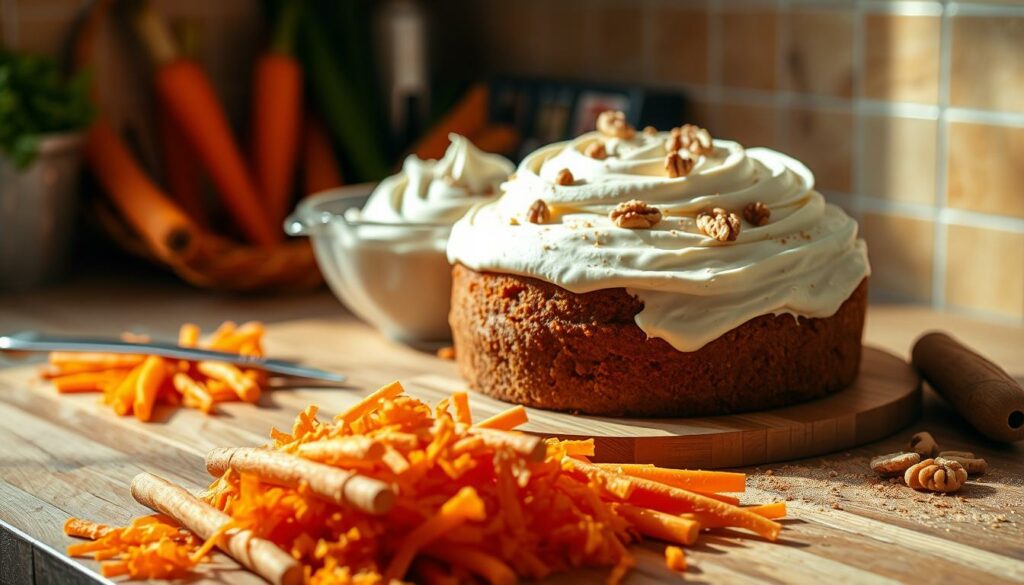 A neatly organized kitchen counter, illuminated by warm natural lighting. In the foreground, a pile of freshly grated carrots, their vibrant orange hue contrasting with the soft brown of a wooden cutting board. Beside it, a mixing bowl filled with creamy cream cheese frosting, its silky texture inviting touch. In the middle ground, a moist and fluffy carrot cake, its surface adorned with delicate swirls of frosting, waiting to be sliced. A sprinkling of chopped walnuts and a light dusting of cinnamon add the final touches, creating a visually enticing scene of homemade carrot cake preparation. A neatly organized kitchen counter, illuminated by warm natural lighting. In the foreground, a pile of freshly grated carrots, their vibrant orange hue contrasting with the soft brown of a wooden cutting board. Beside it, a mixing bowl filled with creamy cream cheese frosting, its silky texture inviting touch. In the middle ground, a moist and fluffy carrot cake, its surface adorned with delicate swirls of frosting, waiting to be sliced. A sprinkling of chopped walnuts and a light dusting of cinnamon add the final touches, creating a visually enticing scene of homemade carrot cake preparation.