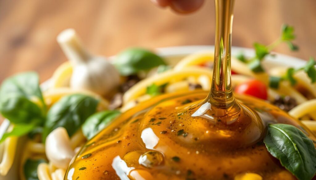 A perfectly balanced pasta salad dressing, glistening with a vibrant mixture of olive oil, balsamic vinegar, fresh herbs, and spices. The foreground features a close-up view of the dressing, with a smooth, creamy texture and a rich, appetizing color. The middle ground showcases freshly chopped basil, oregano, and garlic, adding depth and complexity to the flavor profile. In the background, a soft, blurred backdrop of a wooden table or surface, creating a warm, rustic atmosphere. The lighting is natural and diffused, casting gentle shadows and highlights on the dressing, accentuating its glossy, appetizing appearance. The overall composition is carefully structured to draw the viewer's attention to the dressing, the star of the image, conveying the perfect balance of flavors and the care taken in its preparation. A perfectly balanced pasta salad dressing, glistening with a vibrant mixture of olive oil, balsamic vinegar, fresh herbs, and spices. The foreground features a close-up view of the dressing, with a smooth, creamy texture and a rich, appetizing color. The middle ground showcases freshly chopped basil, oregano, and garlic, adding depth and complexity to the flavor profile. In the background, a soft, blurred backdrop of a wooden table or surface, creating a warm, rustic atmosphere. The lighting is natural and diffused, casting gentle shadows and highlights on the dressing, accentuating its glossy, appetizing appearance. The overall composition is carefully structured to draw the viewer's attention to the dressing, the star of the image, conveying the perfect balance of flavors and the care taken in its preparation.