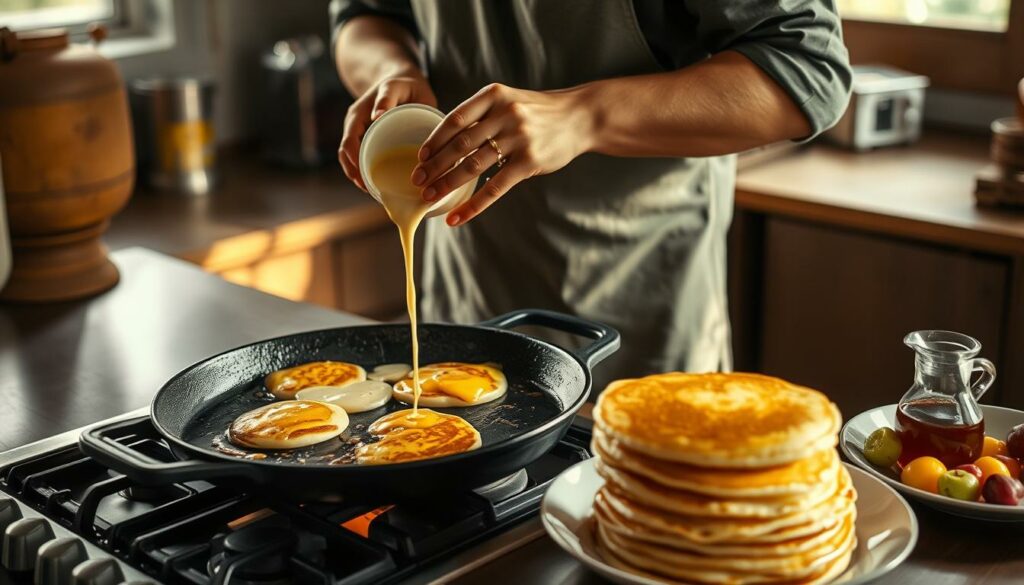 A person standing in a cozy kitchen, cooking golden-brown pancakes on a large cast-iron griddle. The griddle is placed on a sturdy stovetop, with a gentle flame illuminating the scene. Soft light filters in through a nearby window, casting a warm glow over the kitchen. The cook is carefully pouring batter onto the hot surface, watching as the edges begin to brown and bubble. Beside the griddle, a stack of fluffy, freshly cooked pancakes waits to be served, accompanied by a small pitcher of maple syrup and a plate of fresh fruit. The overall mood is one of calmness and culinary focus, capturing the essence of making a classic breakfast dish from scratch. A person standing in a cozy kitchen, cooking golden-brown pancakes on a large cast-iron griddle. The griddle is placed on a sturdy stovetop, with a gentle flame illuminating the scene. Soft light filters in through a nearby window, casting a warm glow over the kitchen. The cook is carefully pouring batter onto the hot surface, watching as the edges begin to brown and bubble. Beside the griddle, a stack of fluffy, freshly cooked pancakes waits to be served, accompanied by a small pitcher of maple syrup and a plate of fresh fruit. The overall mood is one of calmness and culinary focus, capturing the essence of making a classic breakfast dish from scratch.