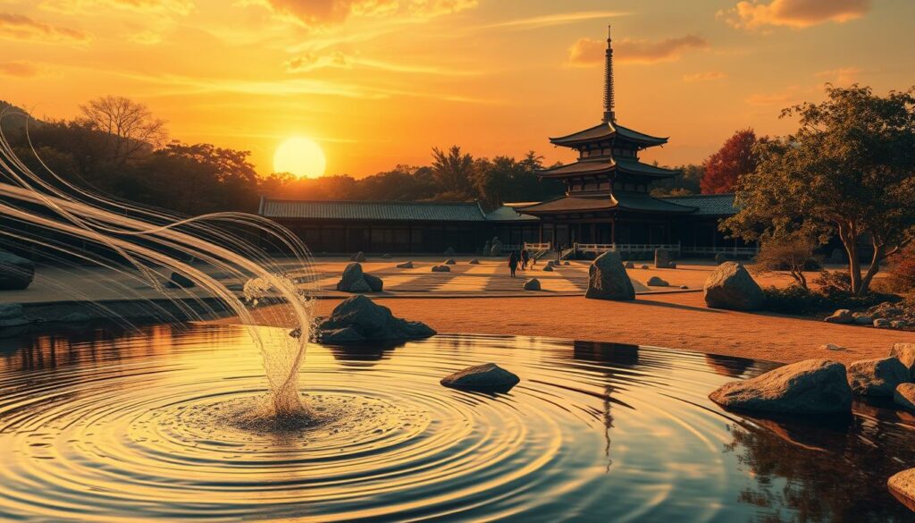 A serene Asian-inspired landscape, bathed in warm, golden light. In the foreground, a tranquil koi pond with rippling waters, symbolizing the flow of chi. Swirling energy lines emanate from the pond, creating a mesmerizing, ethereal effect. In the middle ground, a meticulously manicured Zen garden, with carefully placed rocks and raked sand patterns, guiding the eye towards a central focal point. In the background, a towering pagoda silhouetted against a vibrant, sunset sky, its architectural details imbued with a sense of ancient wisdom. The overall composition conveys a harmonious balance, inviting the viewer to experience the profound connections between the physical and the spiritual. A serene Asian-inspired landscape, bathed in warm, golden light. In the foreground, a tranquil koi pond with rippling waters, symbolizing the flow of chi. Swirling energy lines emanate from the pond, creating a mesmerizing, ethereal effect. In the middle ground, a meticulously manicured Zen garden, with carefully placed rocks and raked sand patterns, guiding the eye towards a central focal point. In the background, a towering pagoda silhouetted against a vibrant, sunset sky, its architectural details imbued with a sense of ancient wisdom. The overall composition conveys a harmonious balance, inviting the viewer to experience the profound connections between the physical and the spiritual.